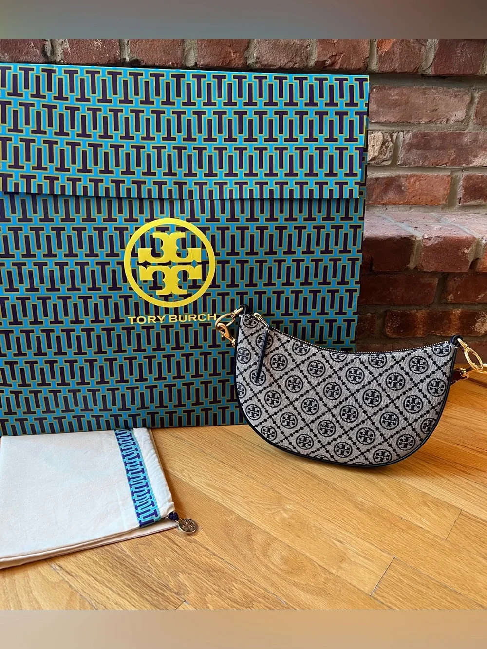 Tory Burch Navy Blue T Monogram Jacquard Mini Curved Hobo Bag